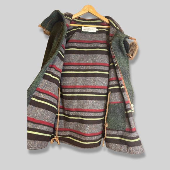 Artisan de Luxe Coat Toggle Closure Faux Fur Hood Multi Pocket Green/Brown M M - Picture 4 of 16